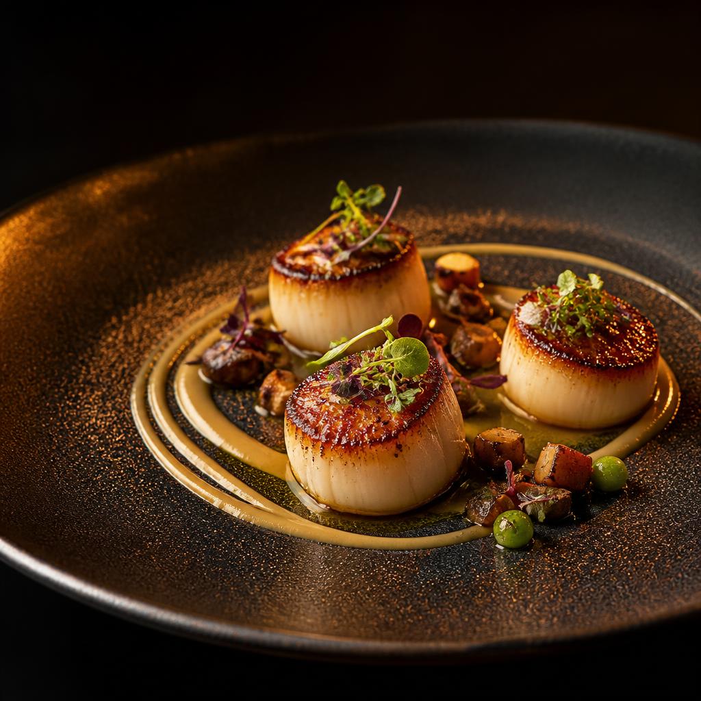 Seared scallops plated with sauce and microgreens