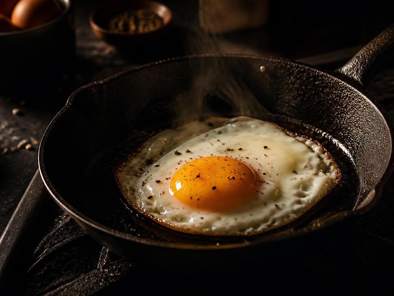 A sunny side up egg cooking in a cast iron skillet